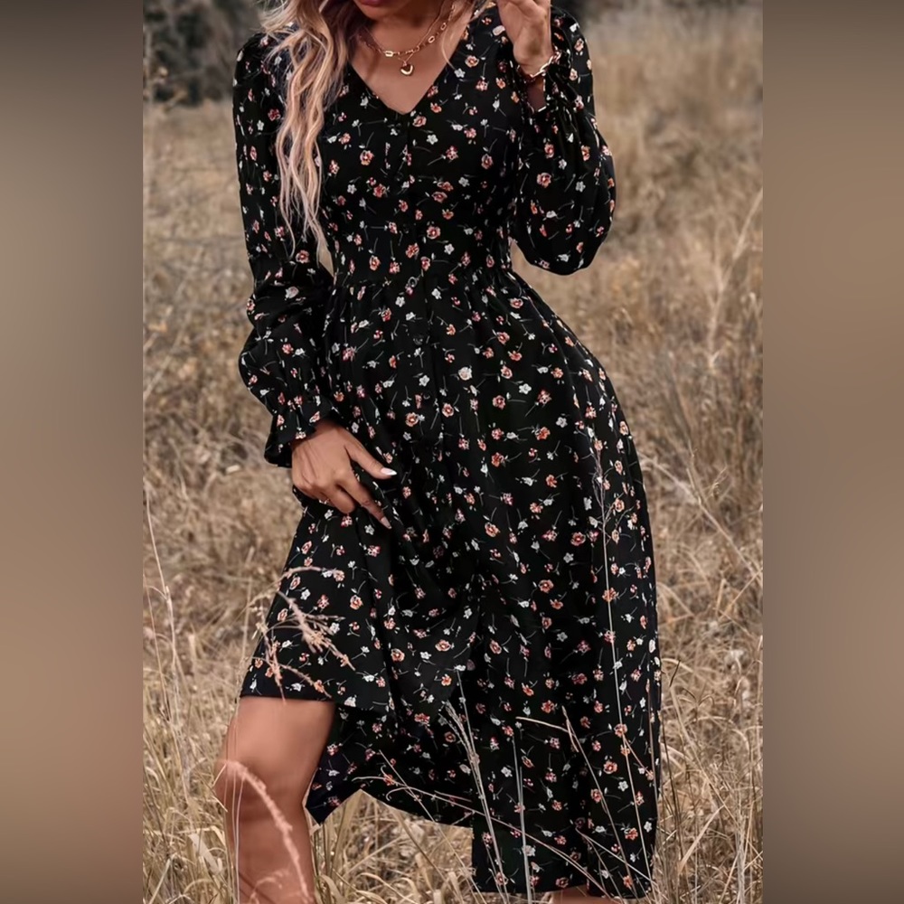 Black & Floral Print Dress, button front V Neck Long Sleeve Dress